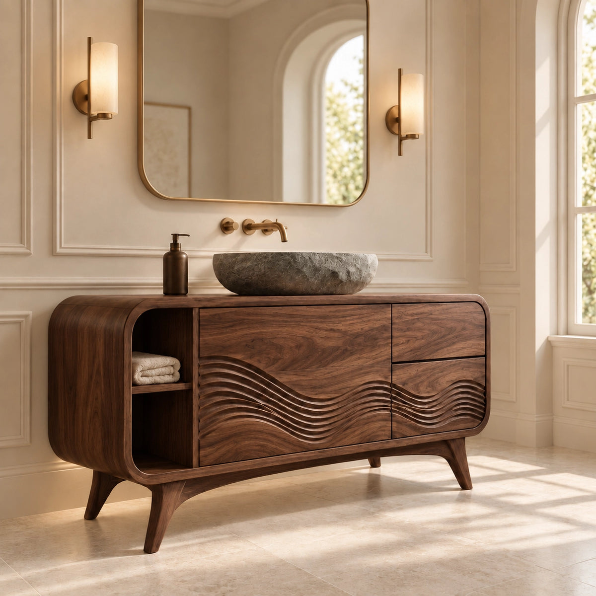 Traditional Bathroom Vanity with Wave-Carved Design in Natural Solid Wood - Woodenecho - 9