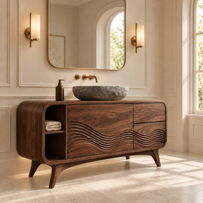 Traditional Bathroom Vanity with Wave-Carved Design in Natural Solid Wood - Woodenecho - 9