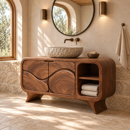 Traditional Bathroom Vanity with Wave-Carved Doors and Open Storage - Woodenecho - 1