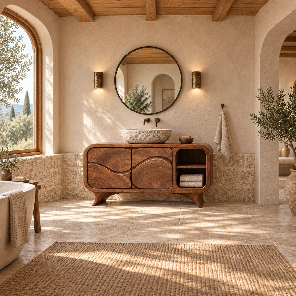 Traditional Bathroom Vanity with Wave-Carved Doors and Open Storage - Woodenecho - 2