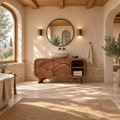Traditional Bathroom Vanity with Wave-Carved Doors and Open Storage - Woodenecho - 2