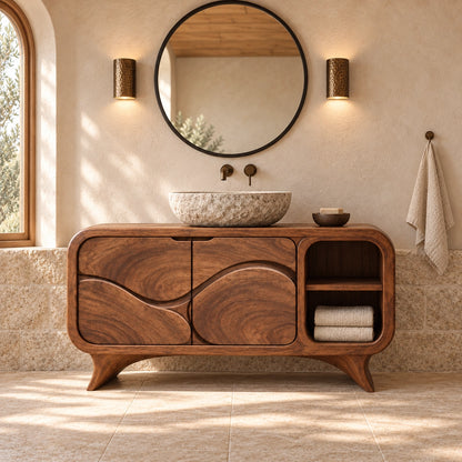 Traditional Bathroom Vanity with Wave-Carved Doors and Open Storage - Woodenecho - 3