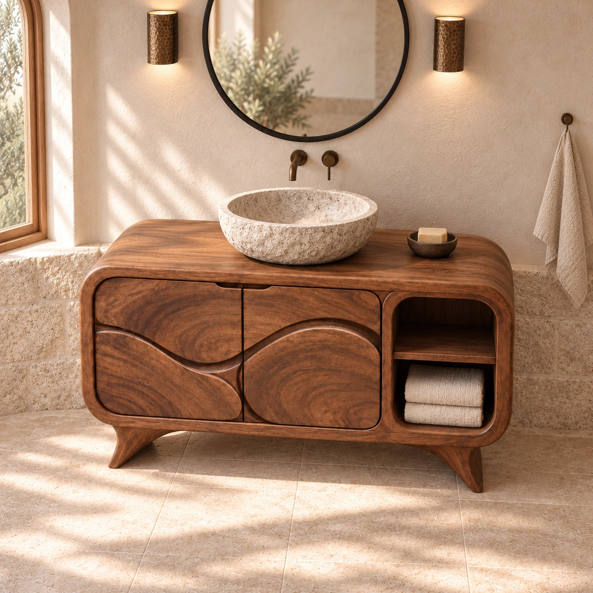 Traditional Bathroom Vanity with Wave-Carved Doors and Open Storage - Woodenecho - 4