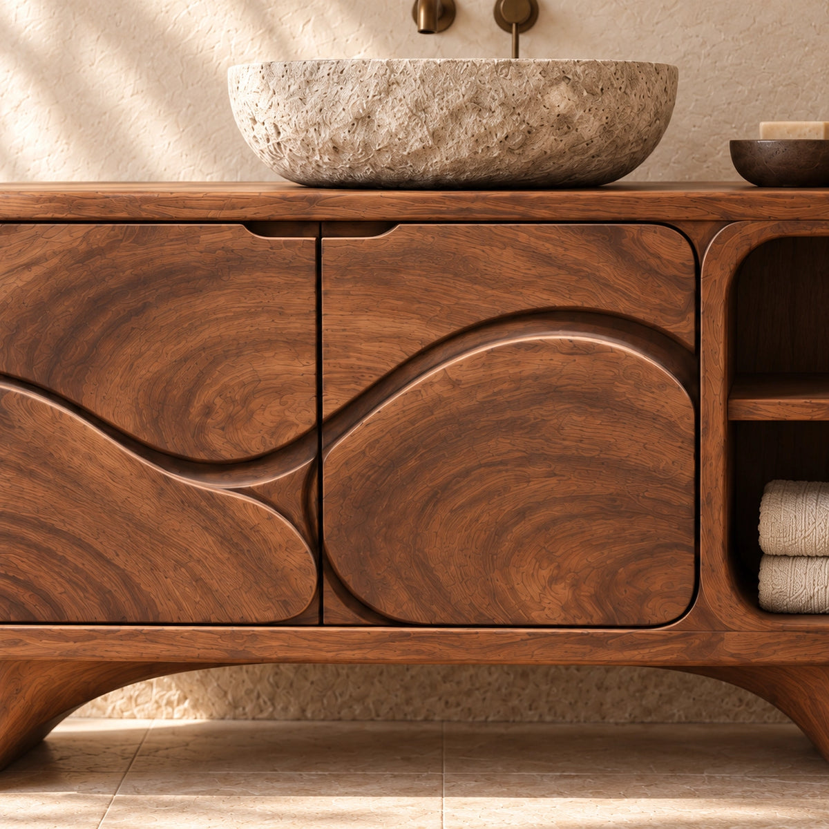 Traditional Bathroom Vanity with Wave-Carved Doors and Open Storage - Woodenecho - 5
