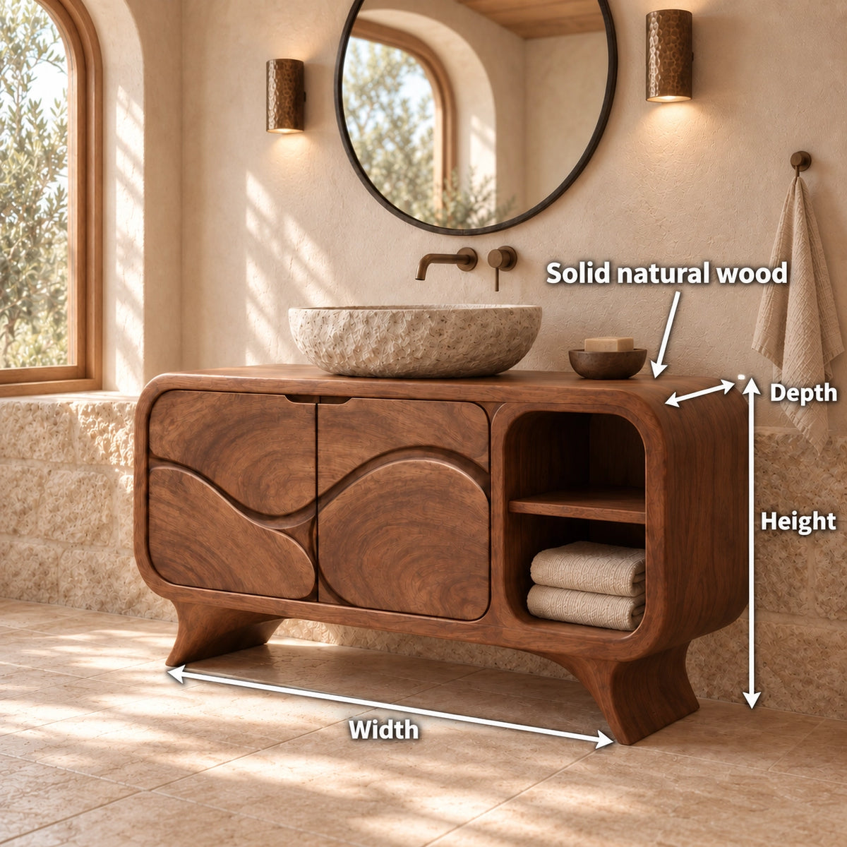 Traditional Bathroom Vanity with Wave-Carved Doors and Open Storage - Woodenecho - 6