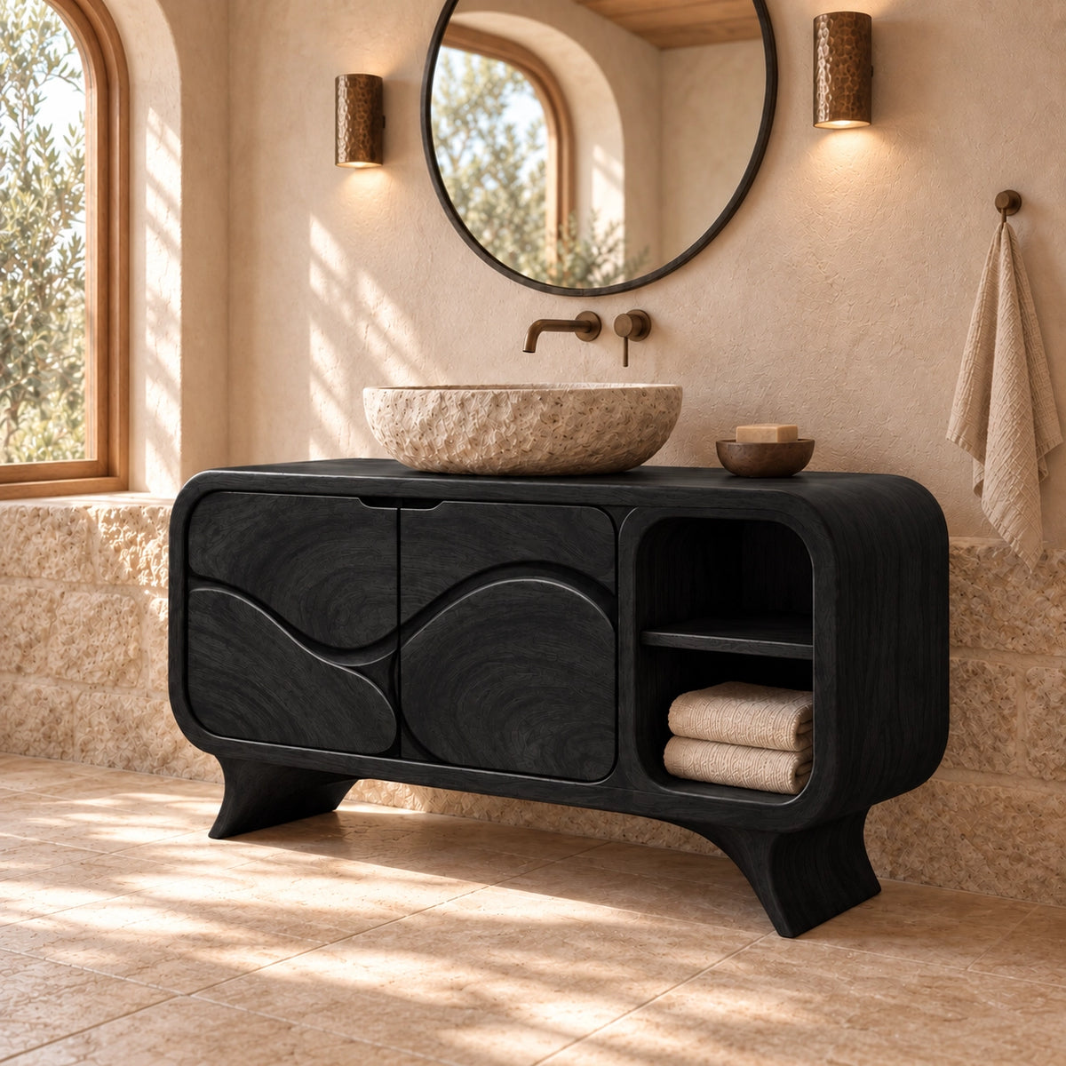 Traditional Bathroom Vanity with Wave-Carved Doors and Open Storage - Woodenecho - 7