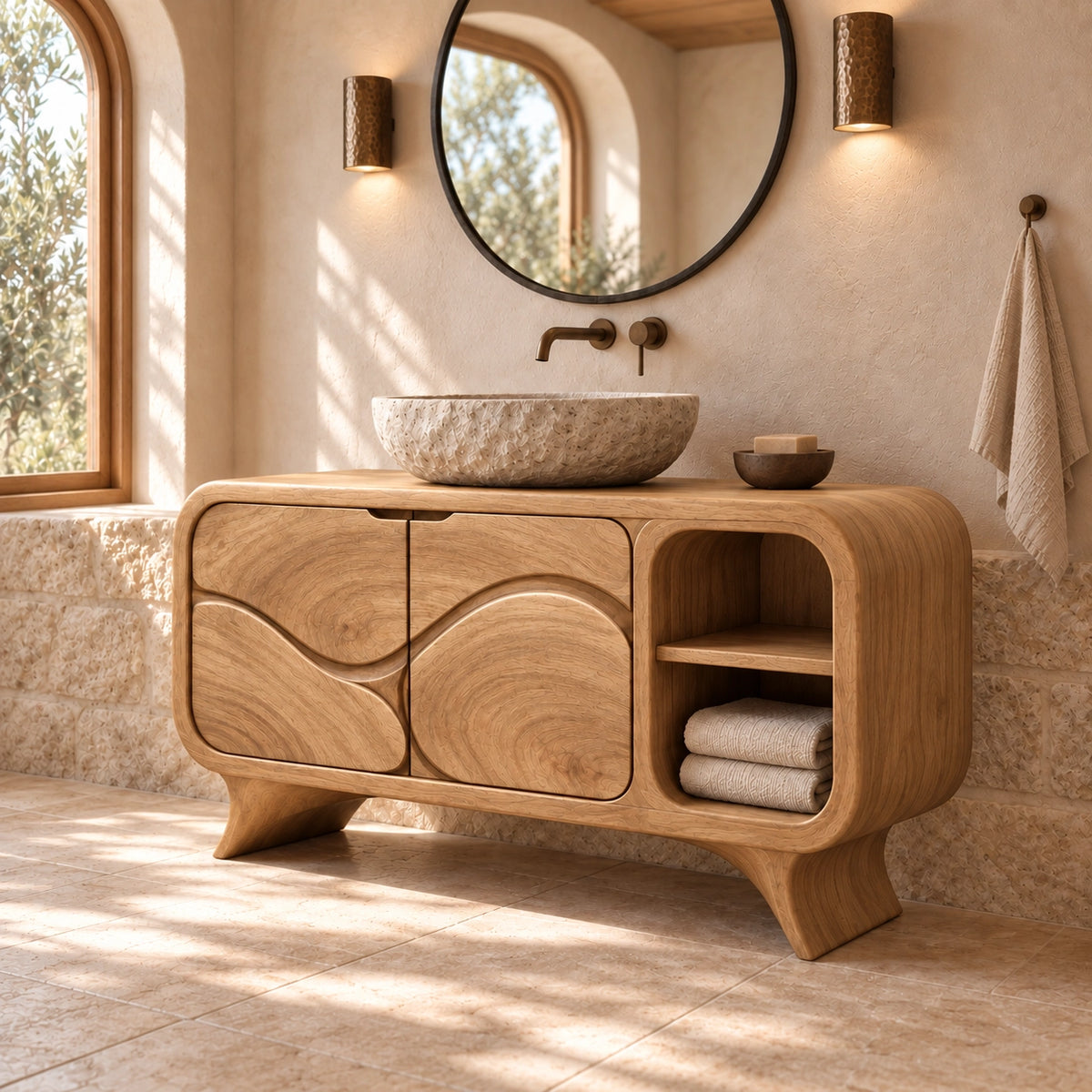 Traditional Bathroom Vanity with Wave-Carved Doors and Open Storage - Woodenecho - 8