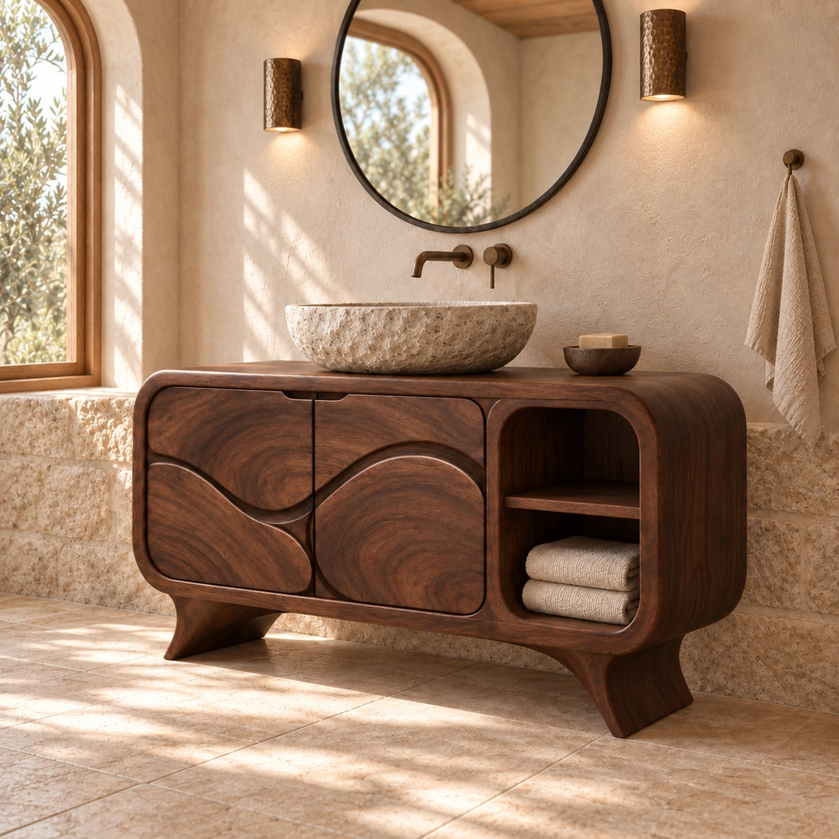 Traditional Bathroom Vanity with Wave-Carved Doors and Open Storage - Woodenecho - 9