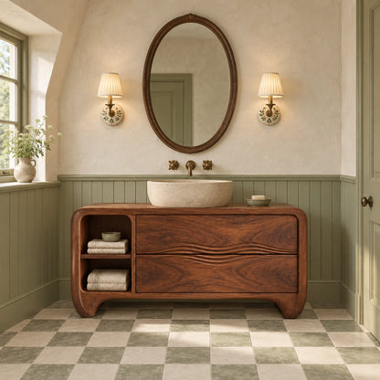 Traditional Bathroom Vanity with Wave-Carved Drawers and Open Side Shelf - Woodenecho - 1