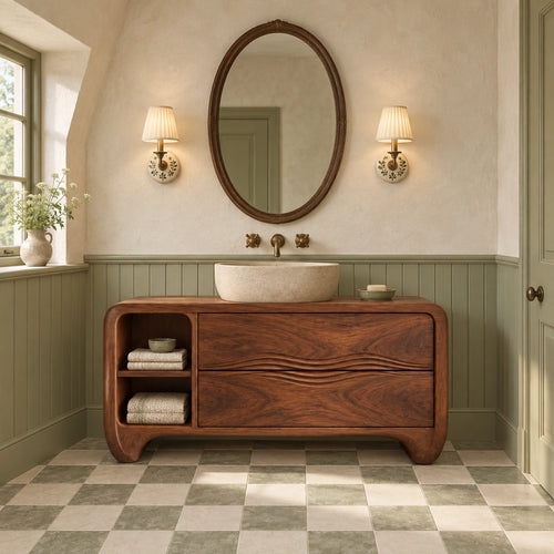 Traditional Bathroom Vanity with Wave-Carved Drawers and Open Side Shelf - Woodenecho - 1