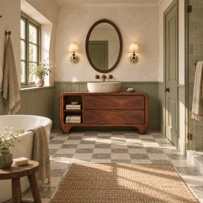 Traditional Bathroom Vanity with Wave-Carved Drawers and Open Side Shelf - Woodenecho - 2