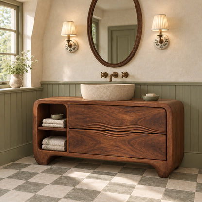 Traditional Bathroom Vanity with Wave-Carved Drawers and Open Side Shelf - Woodenecho - 3