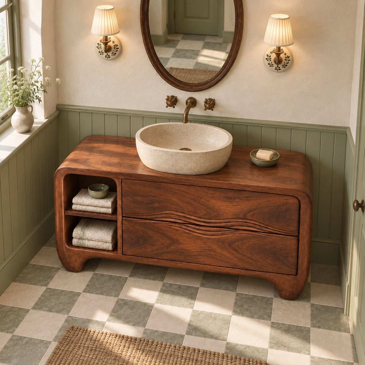 Traditional Bathroom Vanity with Wave-Carved Drawers and Open Side Shelf - Woodenecho - 4