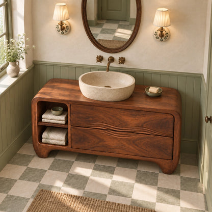 Traditional Bathroom Vanity with Wave-Carved Drawers and Open Side Shelf - Woodenecho - 4