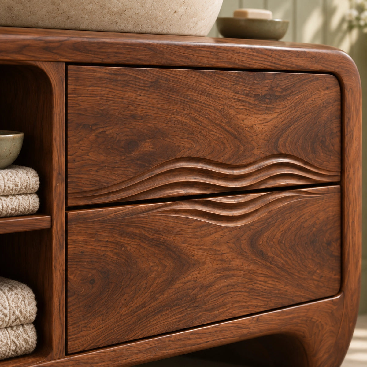 Traditional Bathroom Vanity with Wave-Carved Drawers and Open Side Shelf - Woodenecho - 5