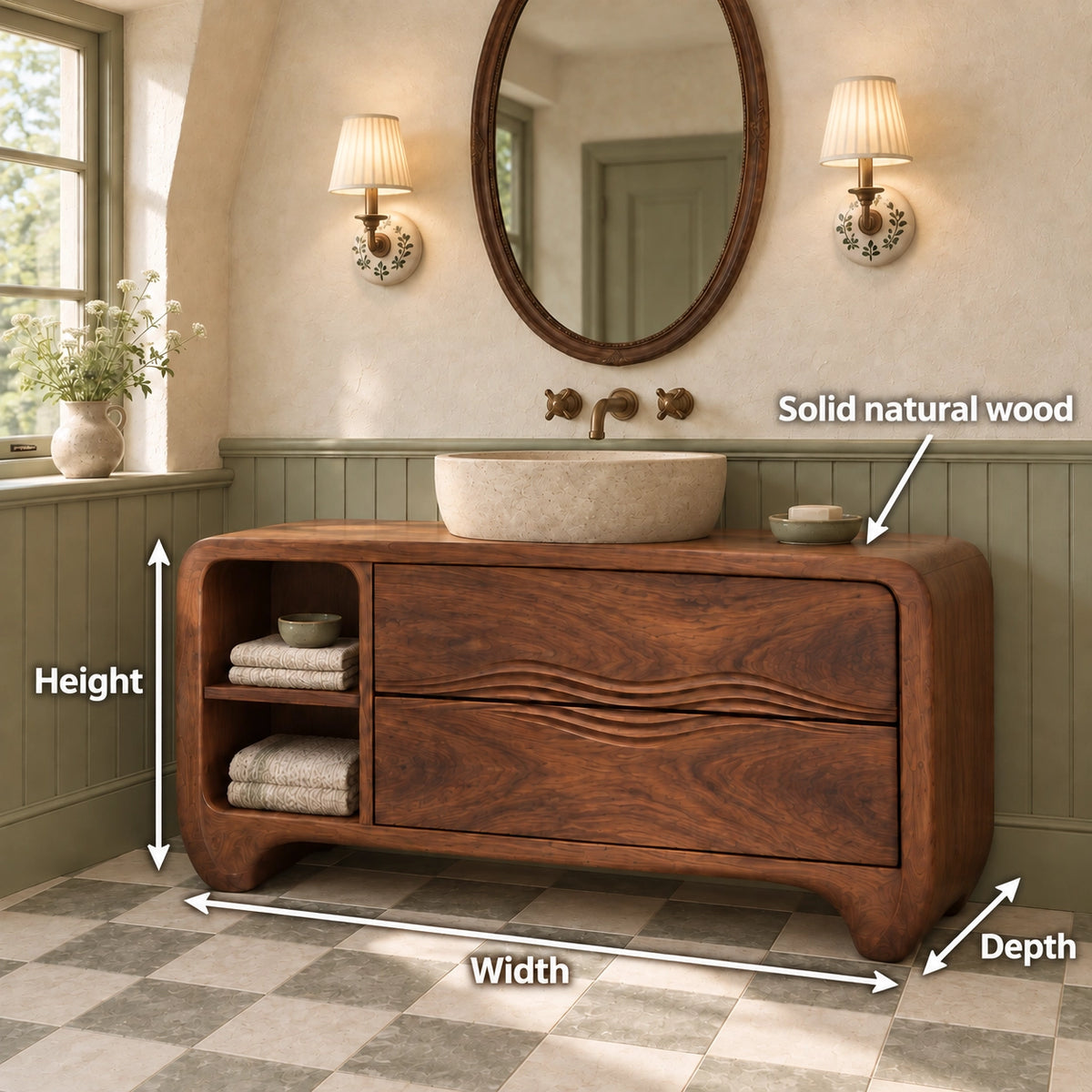 Traditional Bathroom Vanity with Wave-Carved Drawers and Open Side Shelf - Woodenecho - 6