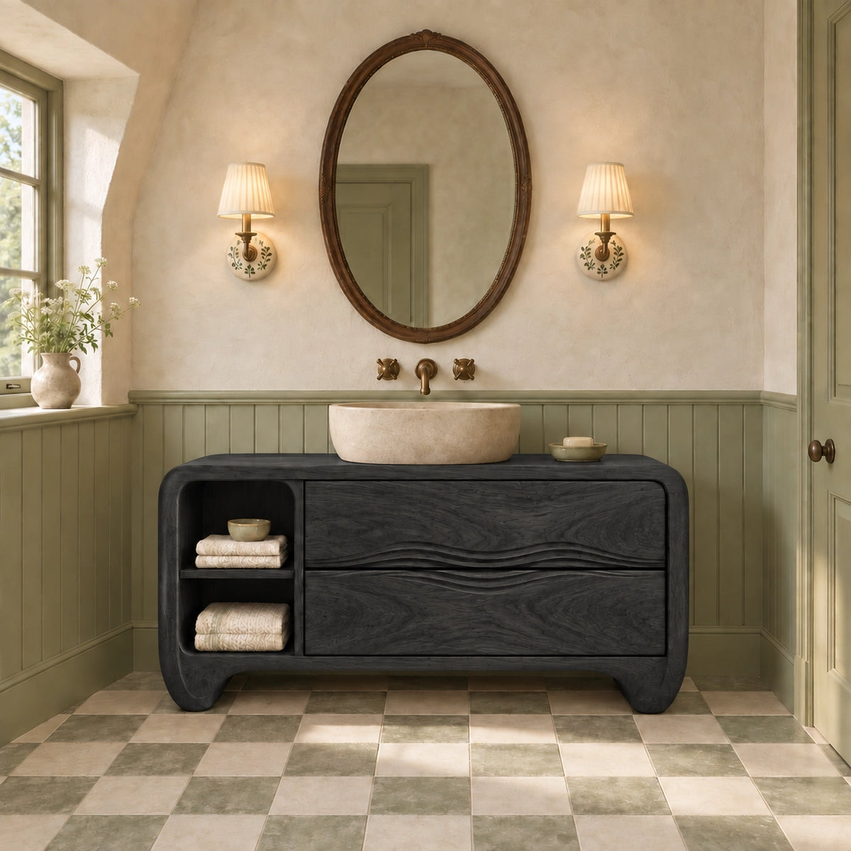 Traditional Bathroom Vanity with Wave-Carved Drawers and Open Side Shelf - Woodenecho - 7