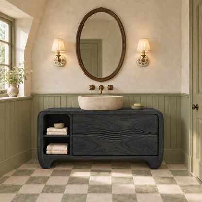 Traditional Bathroom Vanity with Wave-Carved Drawers and Open Side Shelf - Woodenecho - 7