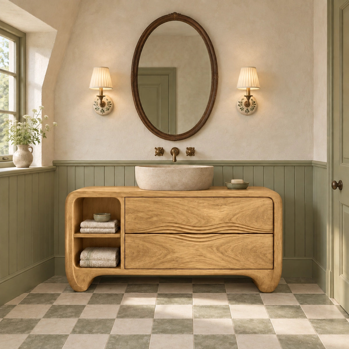 Traditional Bathroom Vanity with Wave-Carved Drawers and Open Side Shelf - Woodenecho - 8