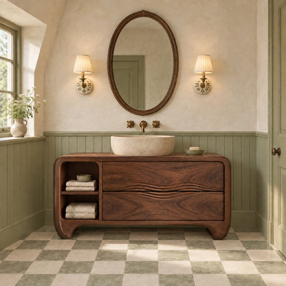 Traditional Bathroom Vanity with Wave-Carved Drawers and Open Side Shelf - Woodenecho - 9