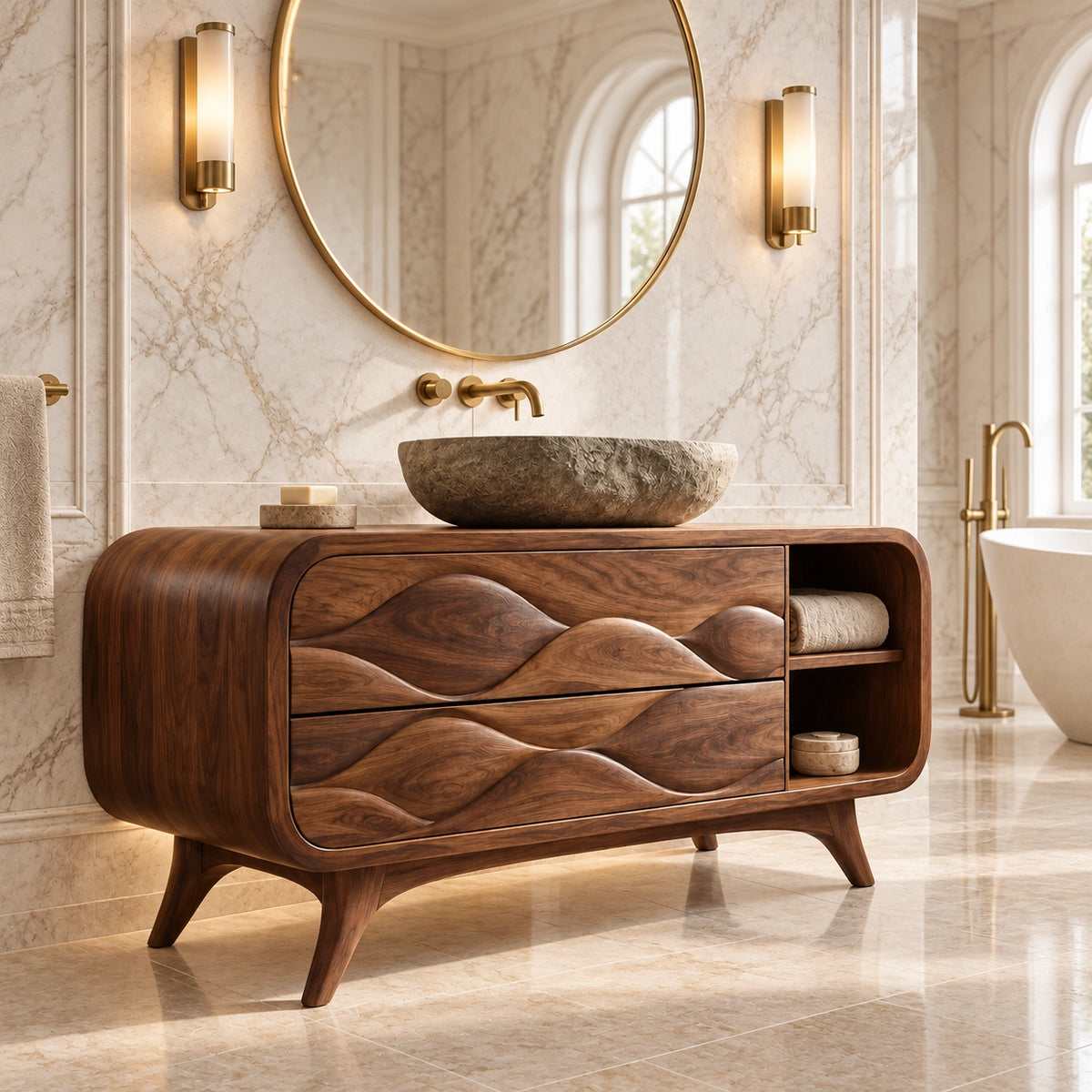 Traditional Bathroom Vanity with Wave-Carved Drawers and Open Side Storage - Woodenecho - 1