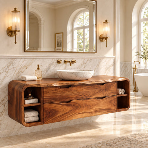 Traditional Bathroom Vanity with Wave-Carved Drawers and Open Side Storage - Woodenecho - 1