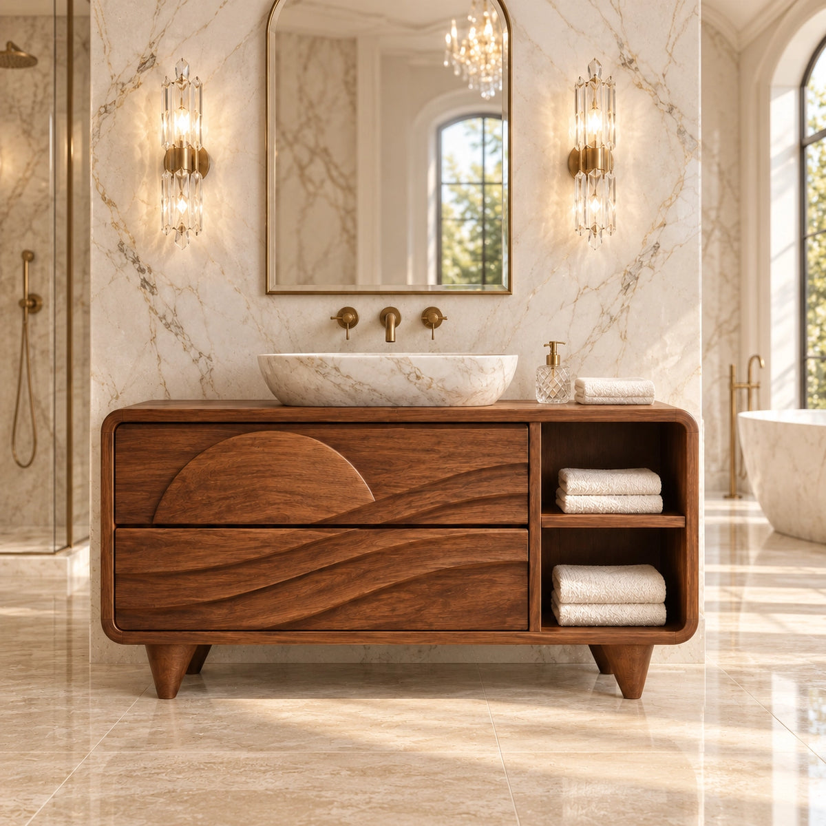 Traditional Bathroom Vanity with Wave-Carved Drawers and Open Side Storage - Woodenecho - 1