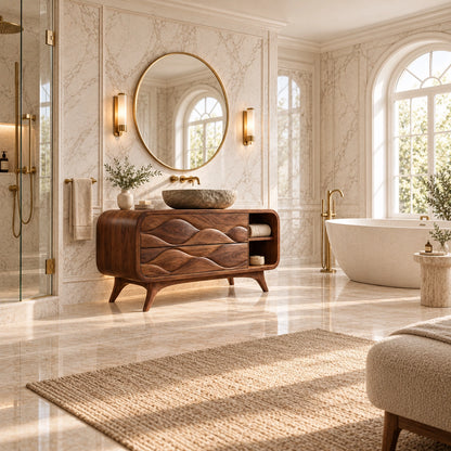 Traditional Bathroom Vanity with Wave-Carved Drawers and Open Side Storage - Woodenecho - 2
