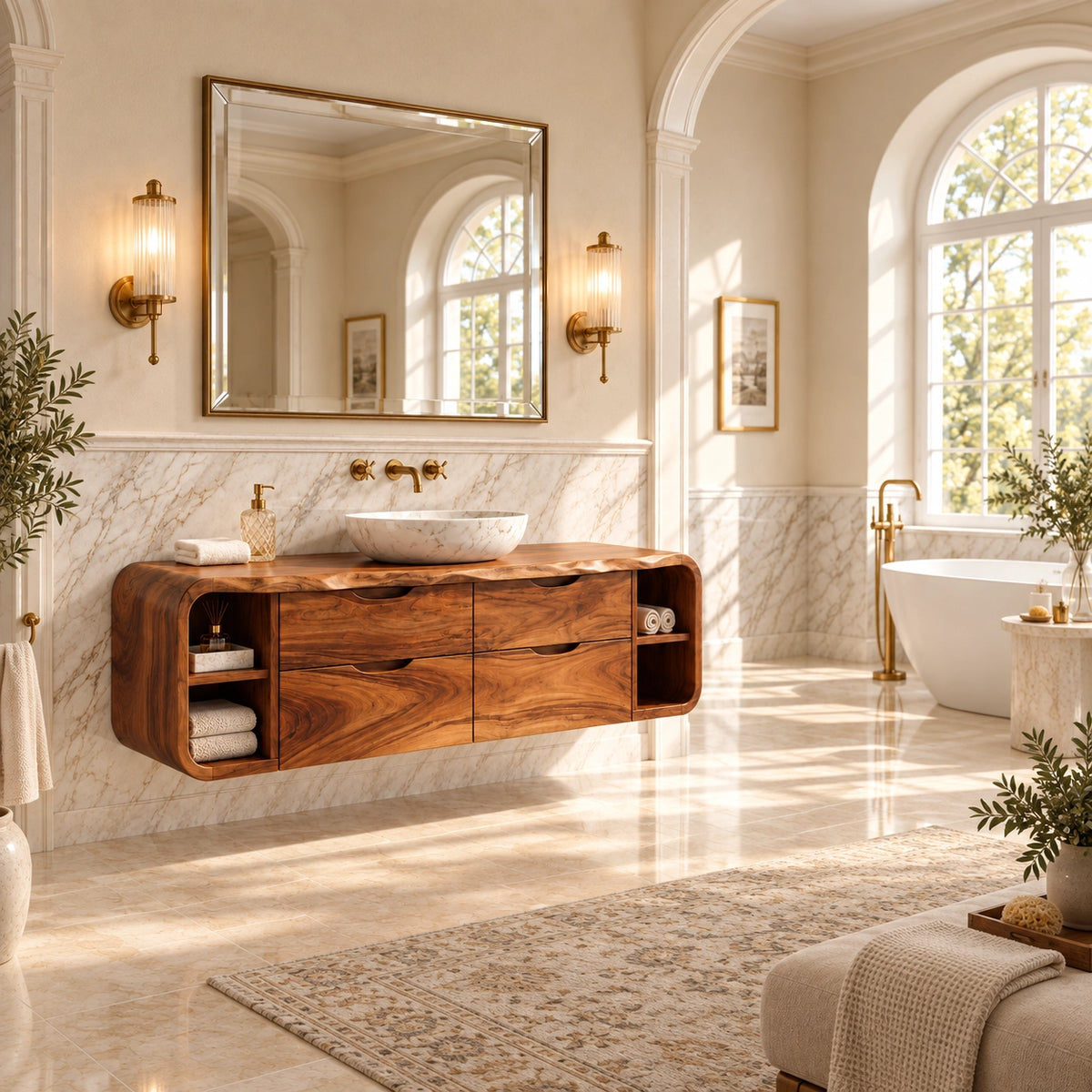 Traditional Bathroom Vanity with Wave-Carved Drawers and Open Side Storage - Woodenecho - 2