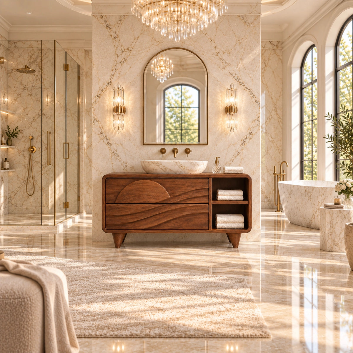 Traditional Bathroom Vanity with Wave-Carved Drawers and Open Side Storage - Woodenecho - 2