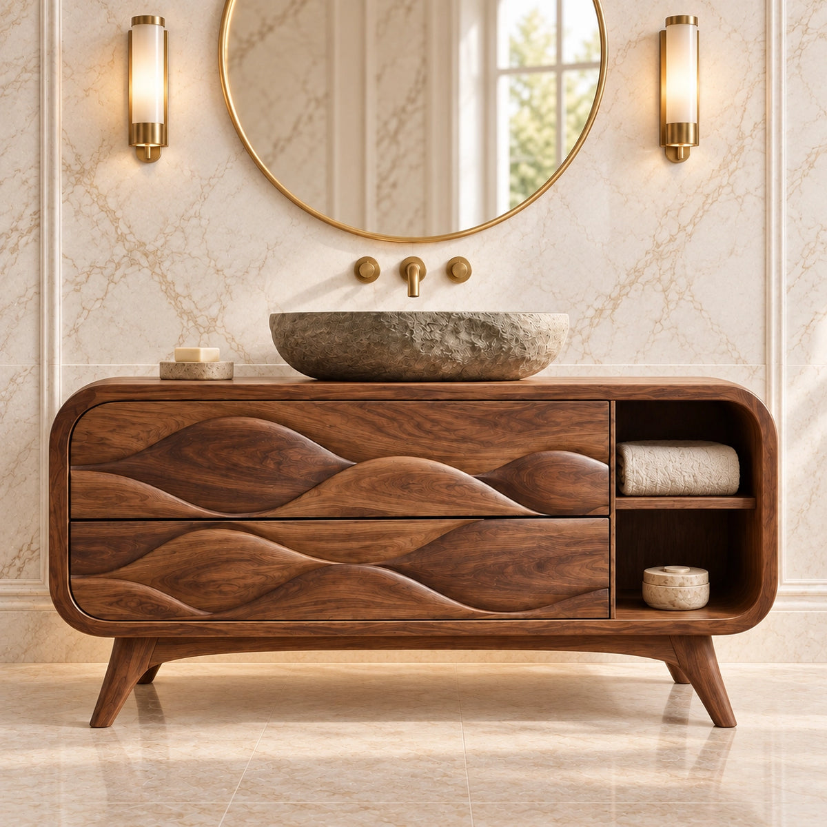 Traditional Bathroom Vanity with Wave-Carved Drawers and Open Side Storage - Woodenecho - 3