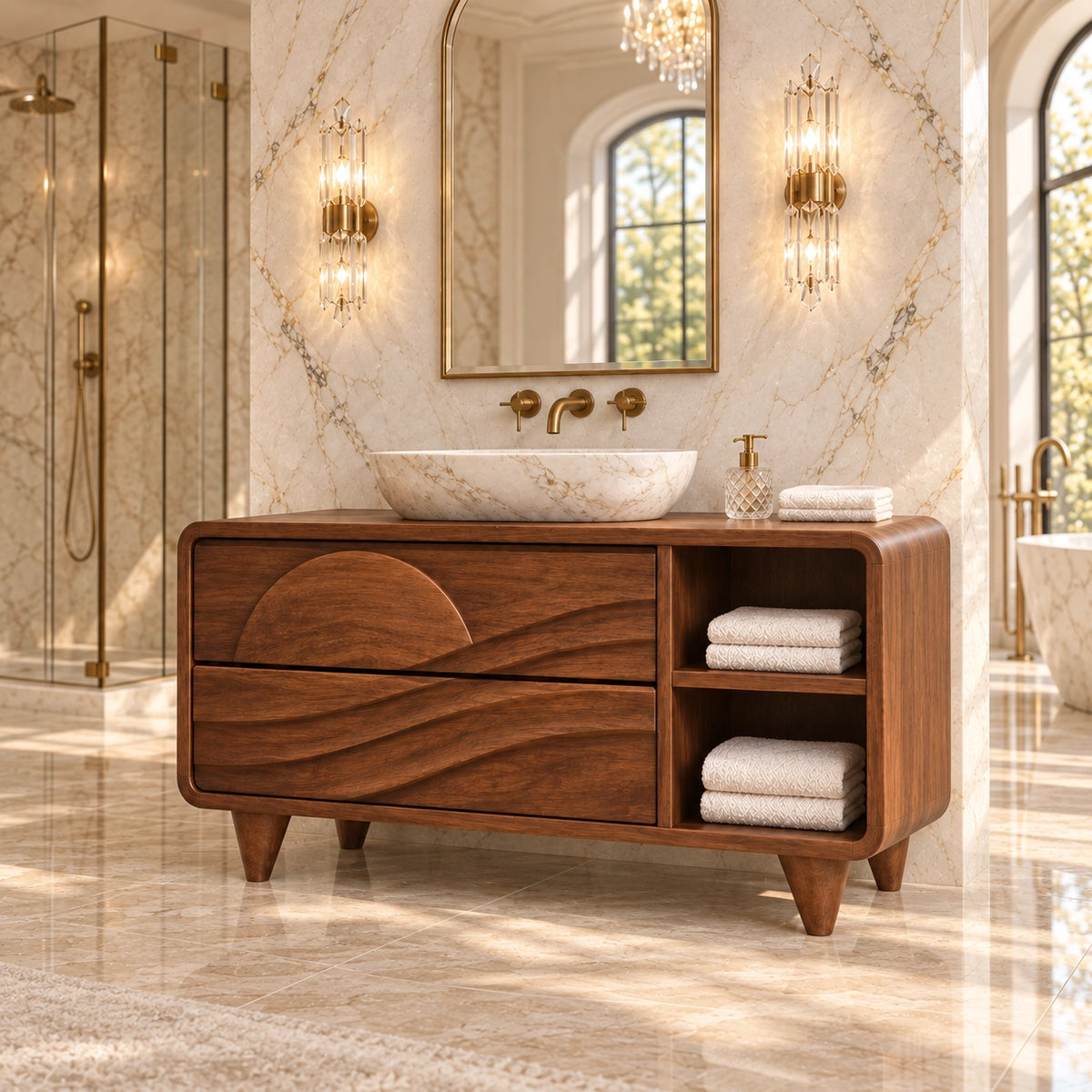 Traditional Bathroom Vanity with Wave-Carved Drawers and Open Side Storage - Woodenecho - 3