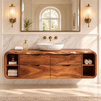 Traditional Bathroom Vanity with Wave-Carved Drawers and Open Side Storage - Woodenecho - 3