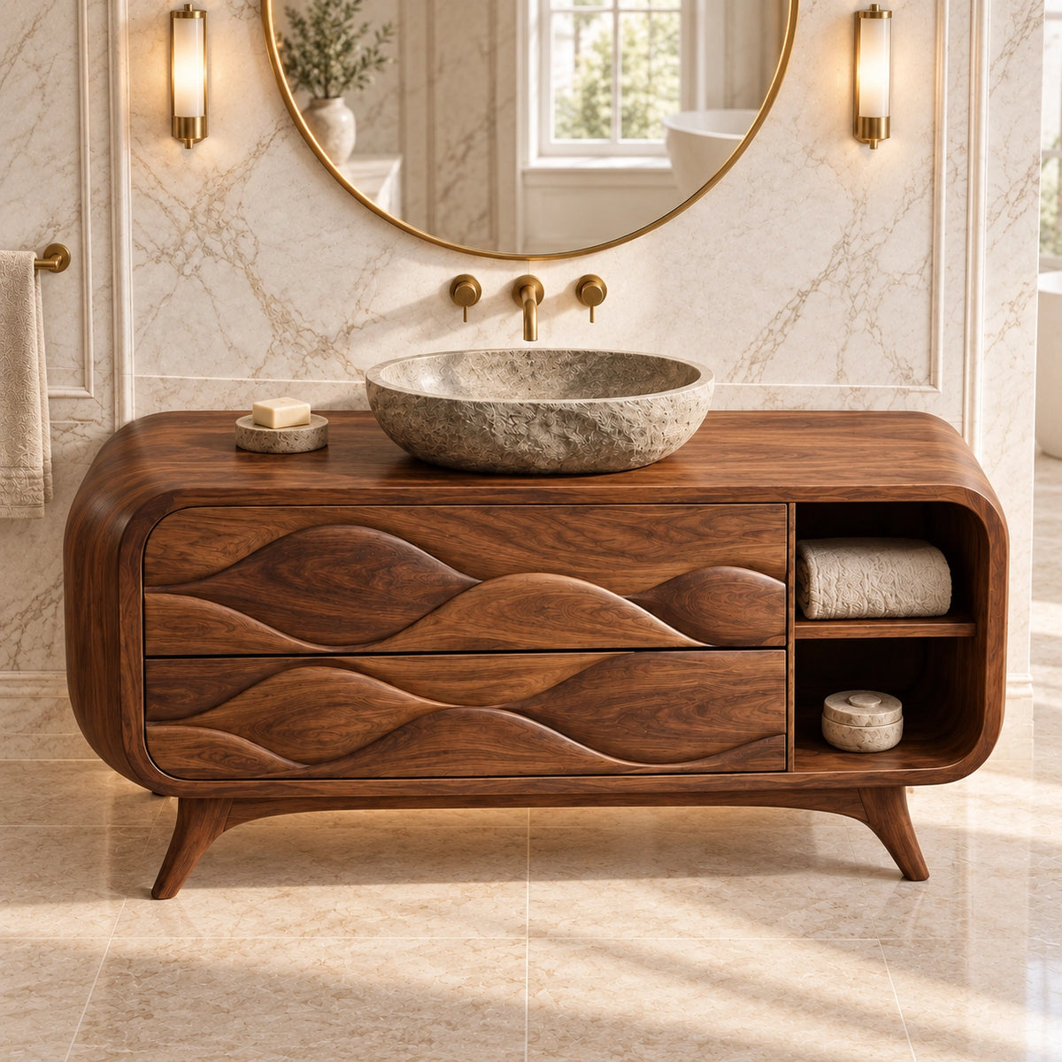 Traditional Bathroom Vanity with Wave-Carved Drawers and Open Side Storage - Woodenecho - 4