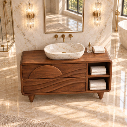 Traditional Bathroom Vanity with Wave-Carved Drawers and Open Side Storage - Woodenecho - 4