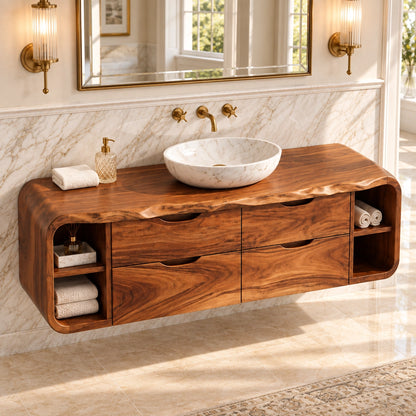 Traditional Bathroom Vanity with Wave-Carved Drawers and Open Side Storage - Woodenecho - 4