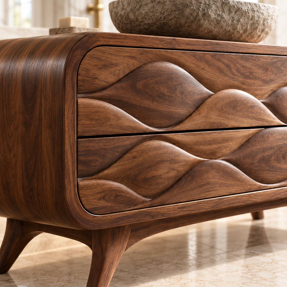 Traditional Bathroom Vanity with Wave-Carved Drawers and Open Side Storage - Woodenecho - 5