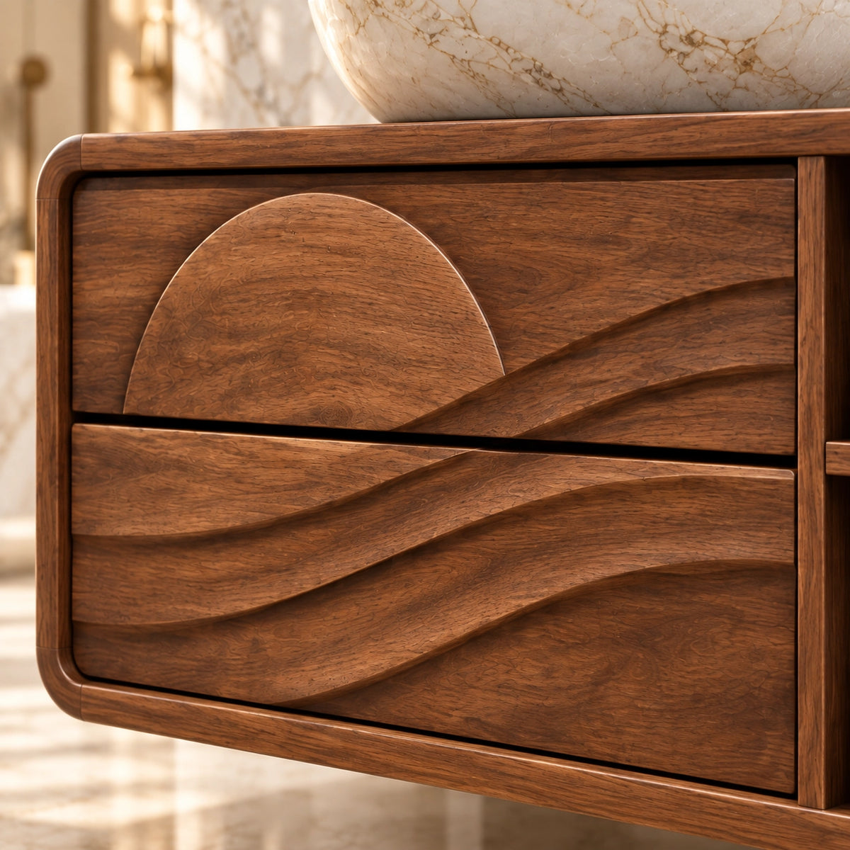 Traditional Bathroom Vanity with Wave-Carved Drawers and Open Side Storage - Woodenecho - 5