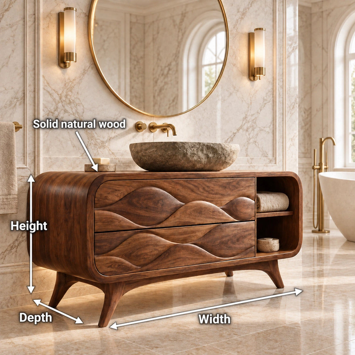 Traditional Bathroom Vanity with Wave-Carved Drawers and Open Side Storage - Woodenecho - 6
