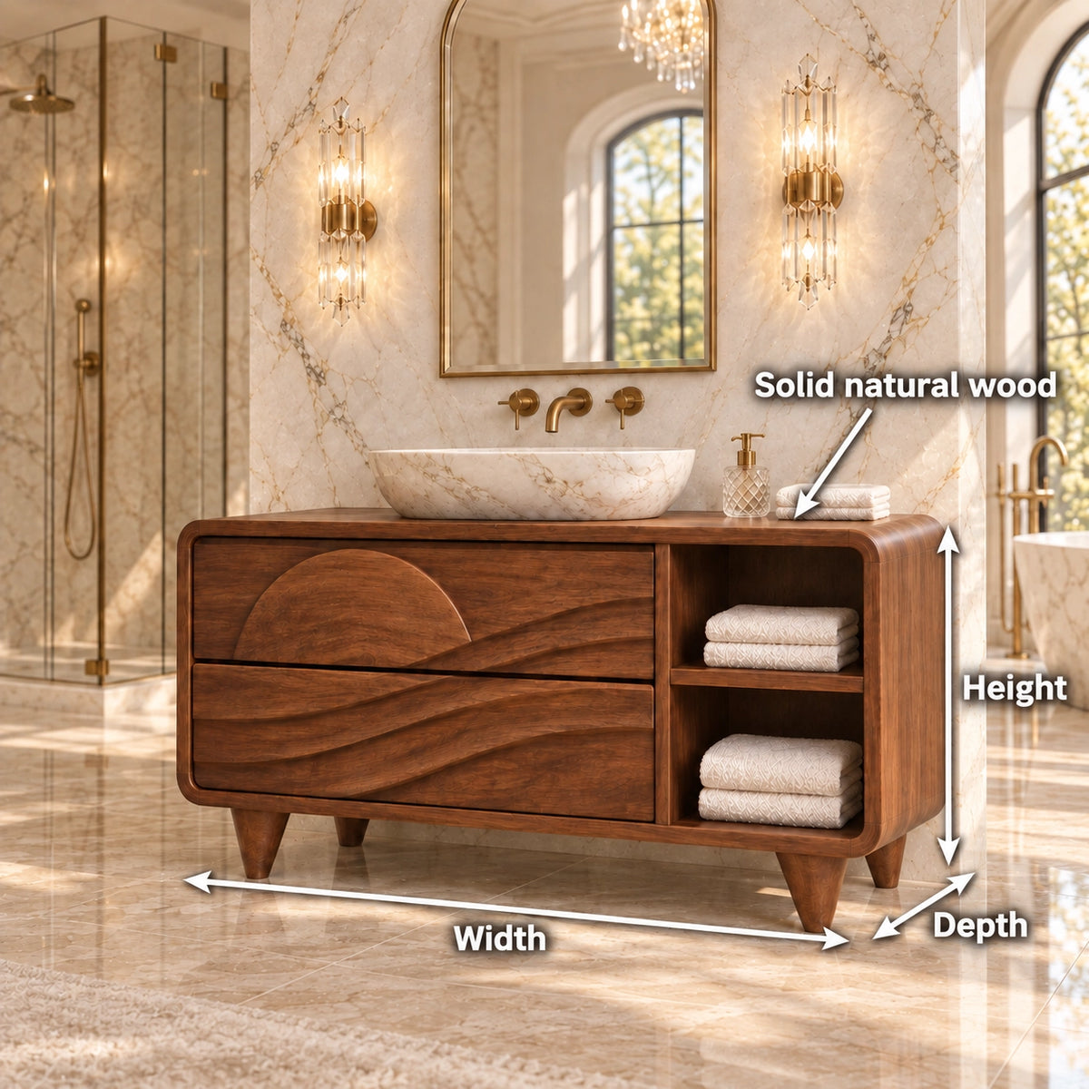 Traditional Bathroom Vanity with Wave-Carved Drawers and Open Side Storage - Woodenecho - 6