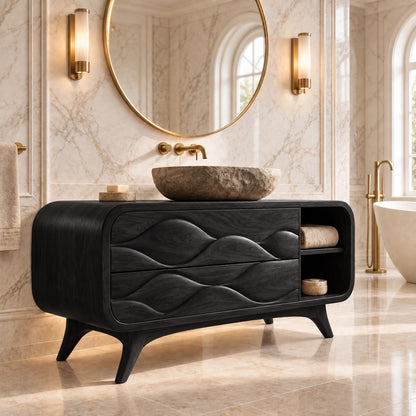 Traditional Bathroom Vanity with Wave-Carved Drawers and Open Side Storage - Woodenecho - 7