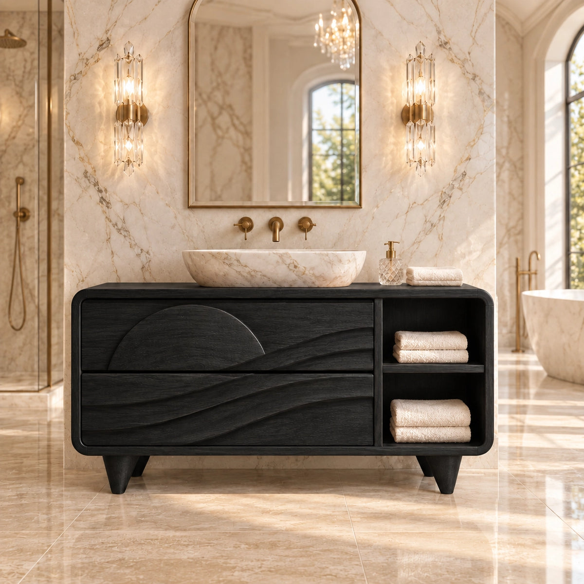 Traditional Bathroom Vanity with Wave-Carved Drawers and Open Side Storage - Woodenecho - 7
