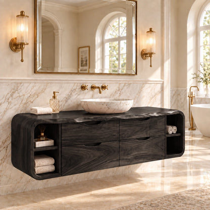 Traditional Bathroom Vanity with Wave-Carved Drawers and Open Side Storage - Woodenecho - 7