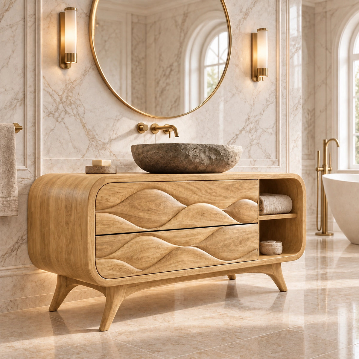 Traditional Bathroom Vanity with Wave-Carved Drawers and Open Side Storage - Woodenecho - 8