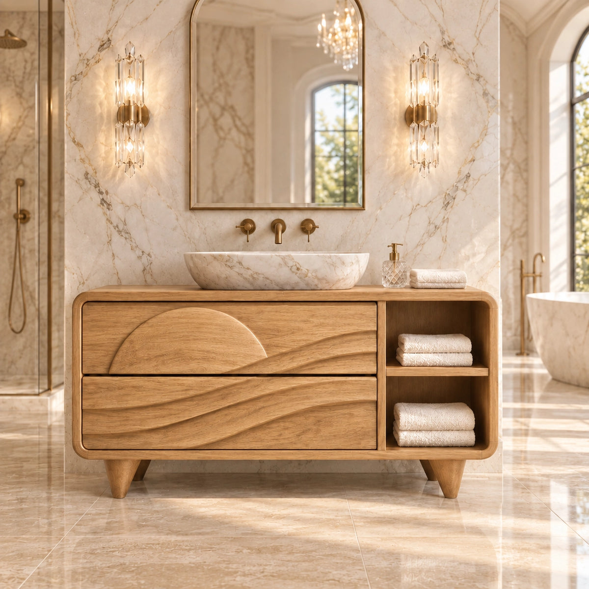 Traditional Bathroom Vanity with Wave-Carved Drawers and Open Side Storage - Woodenecho - 8
