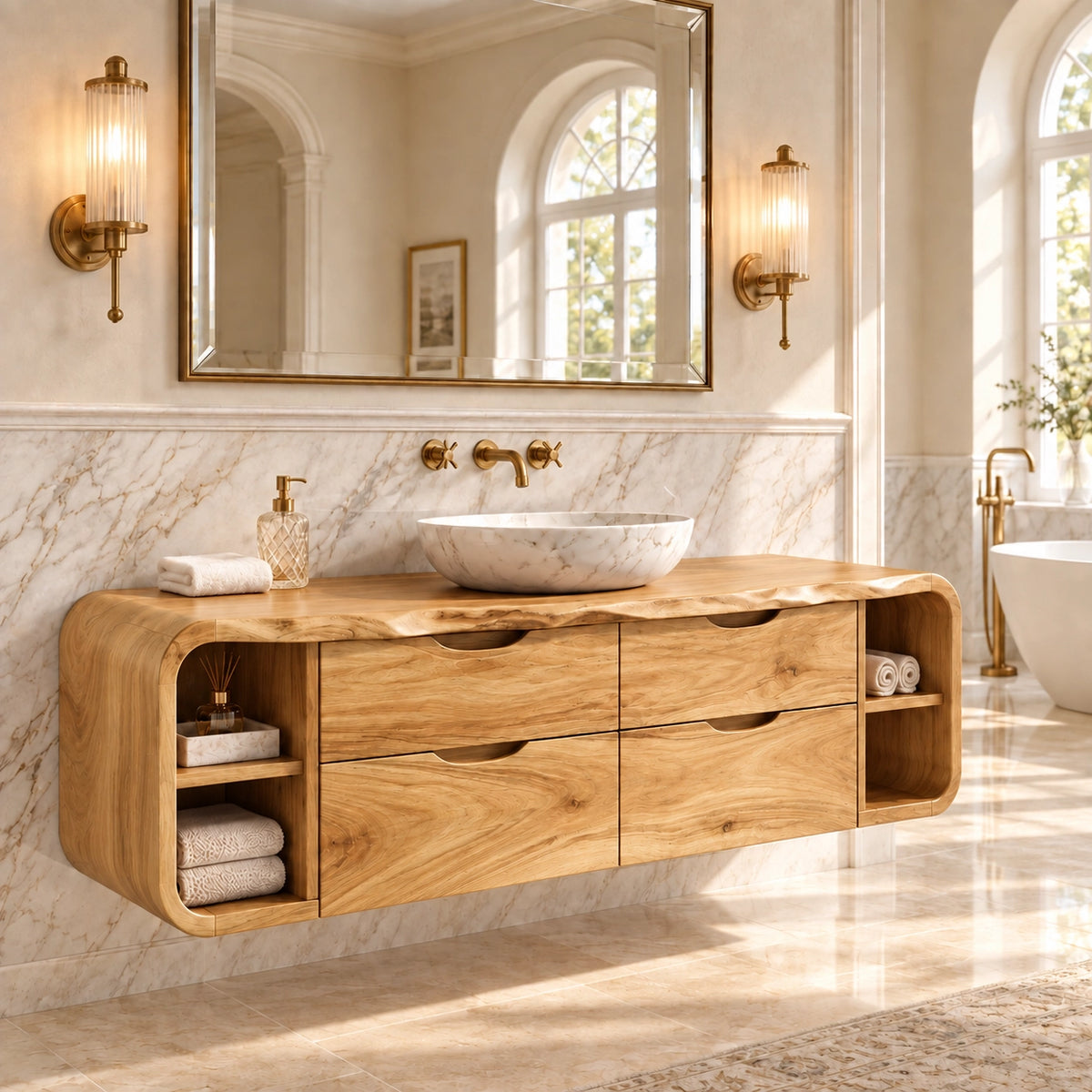 Traditional Bathroom Vanity with Wave-Carved Drawers and Open Side Storage - Woodenecho - 8