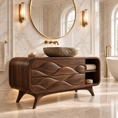 Traditional Bathroom Vanity with Wave-Carved Drawers and Open Side Storage - Woodenecho - 9