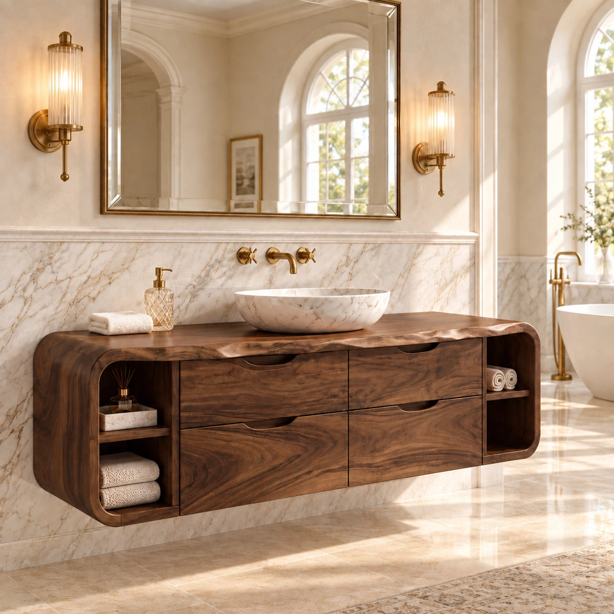 Traditional Bathroom Vanity with Wave-Carved Drawers and Open Side Storage - Woodenecho - 9