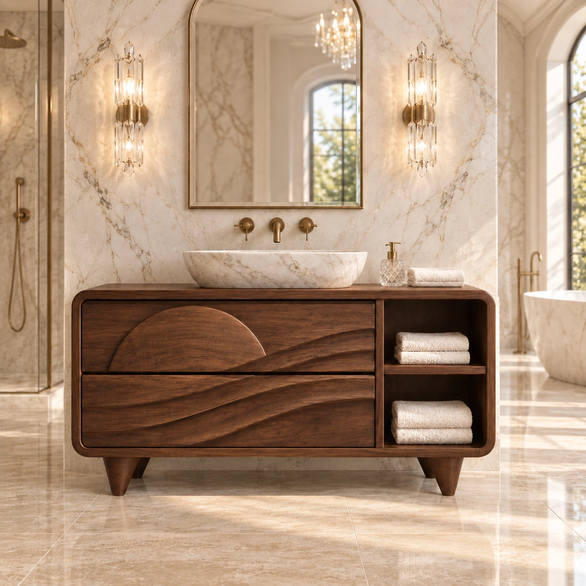Traditional Bathroom Vanity with Wave-Carved Drawers and Open Side Storage - Woodenecho - 9