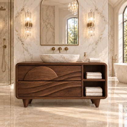 Traditional Bathroom Vanity with Wave-Carved Drawers and Open Side Storage - Woodenecho - 9